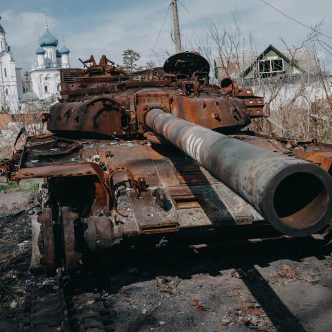 A destroyed Russian tank in Svitohirsk, Ukraine, on April 6, 2024. (Photo by Wojciech Grzedzinski/Anadolu via Getty Images)