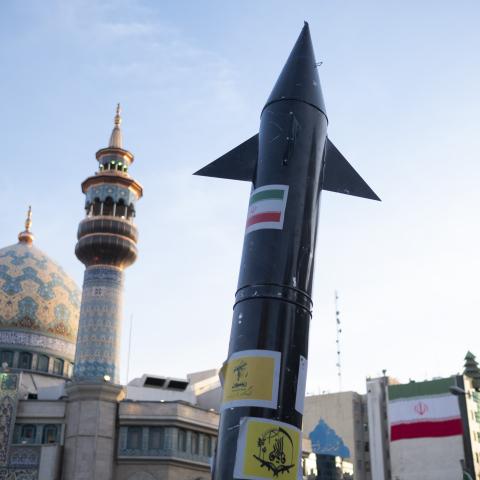 The View From Tehran A model of Iran's first-ever hypersonic missile, the Fattah, next to a mosque in Tehran, Iran, on April 15, 2024. (Photo by Morteza Nikoubazl/NurPhoto via Getty Images)