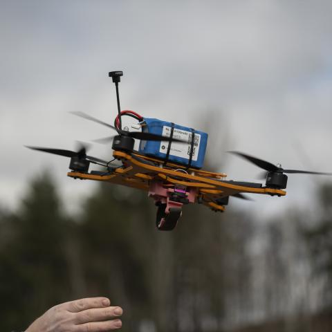 A drone equipped with an electronic warfare system takes off during a presentation on March 19, 2024, in Ukraine. (Photo by Viktor Fridshon/Global Images Ukraine via Getty Images)