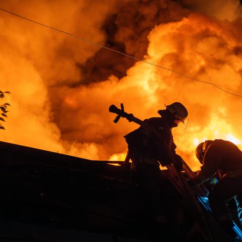 Firefighters work on the site of a fire on May 4, 2024, in Kharkiv, Ukraine. (Photo by Viacheslav Mavrychev/Suspilne Ukraine/JSC "UA:PBC"/Global Images Ukraine via Getty Images)