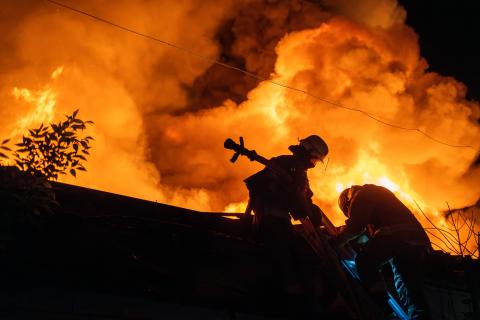 Firefighters work on the site of a fire on May 4, 2024, in Kharkiv, Ukraine. (Photo by Viacheslav Mavrychev/Suspilne Ukraine/JSC "UA:PBC"/Global Images Ukraine via Getty Images)