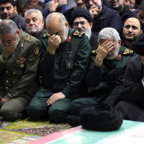 Iranian Revolutionary Guards Corps (IRGC) General Commander Hossein Salami and IRGC Quds Force Commander Ismail Qaani attend a funeral prayer for the late Iranian President Ebrahim Raisi, in Tehran, Iran, on May 22, 2024. (Photo by Iranian Leader Press Office/Anadolu via Getty Images)
