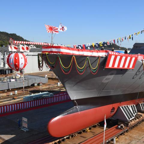 The destroyer JS Yubetsu is launched at the Mitsubishi Heavy Industries headquarters in Tamano, Japan, on November 14, 2023, 