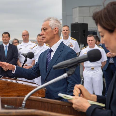 US Ambassador to Japan Rahm Emanuel addresses the media during a press conference on the flight deck of USS Ronald Reagan in Yokosuka, Japan, on May 16, 2024. (US Navy photo by Mass Communication Specialist 2nd Class Keyly Santizo)