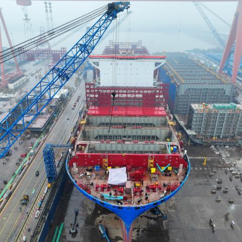 : Aerial view of a ship under construction at a shipbuilding firm on February 28, 2024 in Yangzhou, Jiangsu Province of China. (Photo by Meng Delong/VCG via Getty Images)