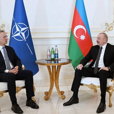 Azerbaijani President Ilham Aliyev receives Secretary General Jens Stoltenberg in Baku, Azerbaijan, on March 17, 2024. (Azerbaijani Presidency via Getty Images)