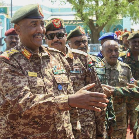 Sudan Armed Forces leader Abdel Fattah al-Burhan greets military personnel in Gedaref, Sudan, on April 10, 2024. (Photo by -/AFP via Getty Images)