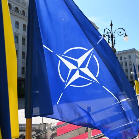 Flags of Ukraine and NATO are seen before a press conference of NATO Secretary General Jens Stoltenberg and President of Ukraine Volodymyr Zelensky following their negotiations in Kyiv, Ukraine 29 April 2024, amid Russia's invasion of Ukraine. NATO can create a special Fund for the financial support of Ukrainian defenses in the amount of EUR 100 billion. President of Ukraine Volodymyr Zelensky announced this during a joint briefing with NATO Secretary General Jens Stoltenberg in Kyiv, reports Ukrinform. NAT