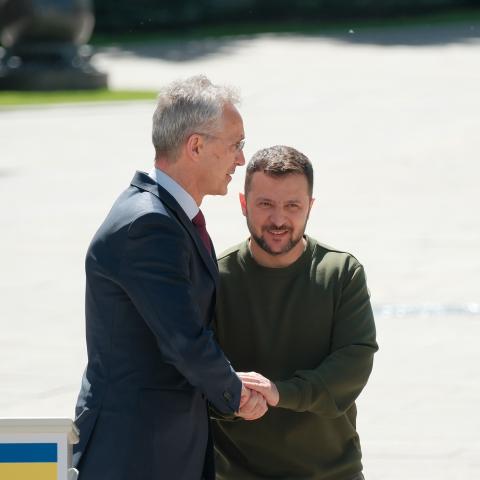 Volodymyr Zelensky and Jens Stoltenberg shake hands on April 29, 2023, in Kyiv, Ukraine. (Roman Pilipey via Getty Images)