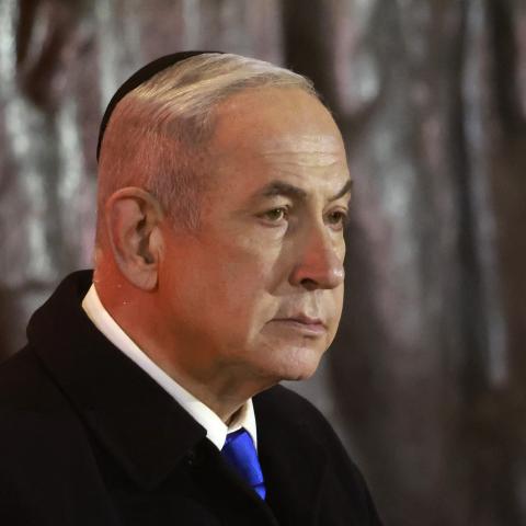 Israel's Prime Minister Benjamin Netanyahu speaks during a ceremony marking Holocaust Remembrance Day for the six million Jews killed during World War II, at the Yad Vashem Holocaust Memorial in Jerusalem on May 5, 2024. (Photo by Menahem Kahana / AFP) (Photo by MENAHEM KAHANA/AFP via Getty Images)