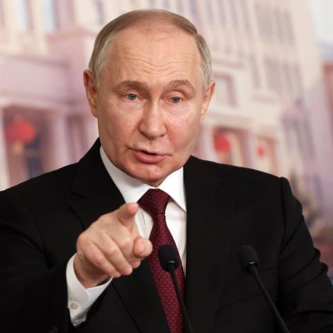 Vladimir Putin gestures during his press conference on May 17, 2024, in Harbin, China. (Photo by Contributor via Getty Images)