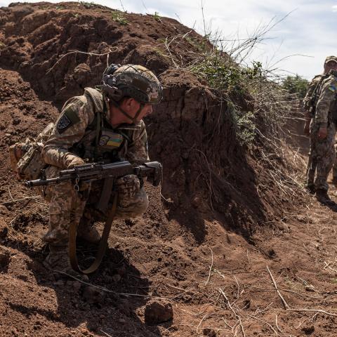 Ukrainian infantrymen during training in Donetsk Oblast, Ukraine, on May 28, 2024. (Diego Herrera Carcedo/Anadolu via Getty Images)