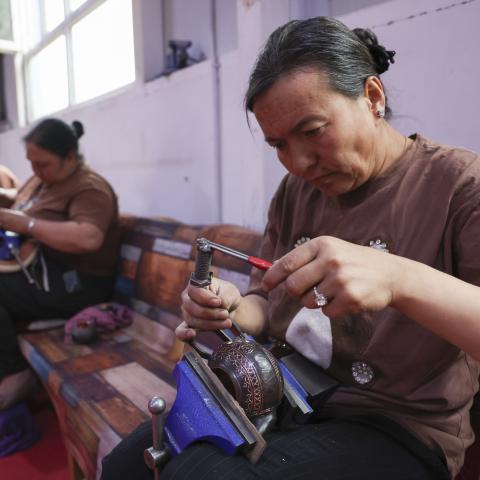 A handmade copper factory on May 28, 2024, in Xinjiang Uyghur Autonomous Region, China. (Zhe Ji/Getty Images)