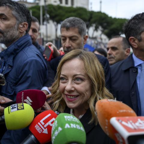 Giorgia Meloni speaks to the media on June 2, 2024, in Rome, Italy. (Photo by Antonio Masiello/Getty Images)