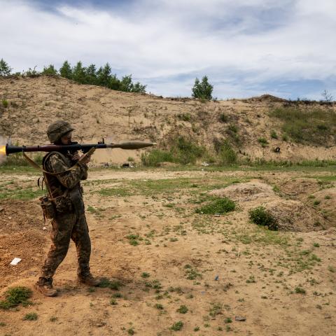 A Ukrainian soldier of the 43rd Infantry Brigade fires a bazooka during a tactical training session in the direction of the Ukrainian border, Kharkiv Oblast in Ukraine, June 05, 2024. (Photo by Jose Colon/Anadolu via Getty Images)