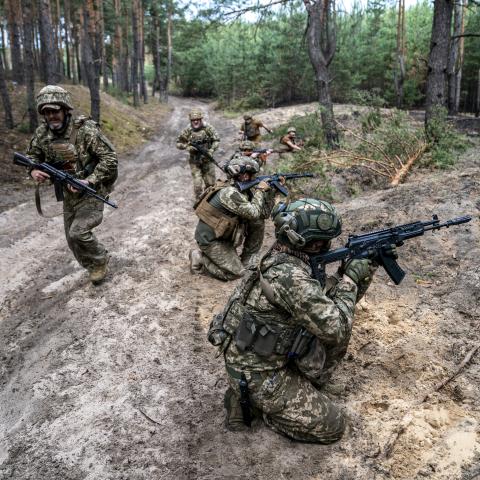 Ukrainian soldiers participate in military training in Kharkiv Oblast, Ukraine, on June 5, 2024. (Jose Colon/Anadolu via Getty Images)