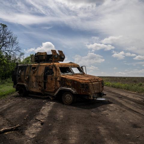 A Russian armored vehicle destroyed near Donetsk Oblast, Ukraine, on June 9, 2024. (Jose Colon/Anadolu via Getty Images)