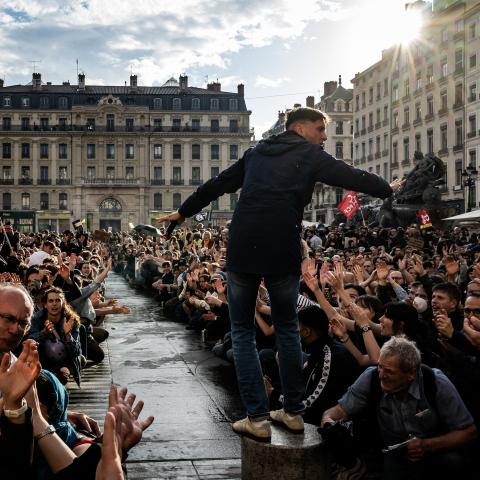 Raphael Arnault gestures during a rally following the European election results, in Lyon, France, on June 14, 2024. (Photo by Jeff Pachoud/AFP via Getty Images)