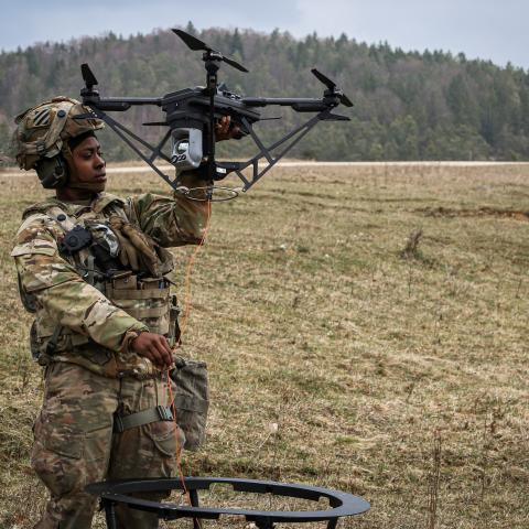 Sgt. Panzia Lawson, assigned to the 6th Squadron, 8th Cavalry Regiment, does drone maintenance during Allied Spirit 24 at the Hohenfels Training Area, Joint Multinational Readiness Center, Germany, March 6, 2024.