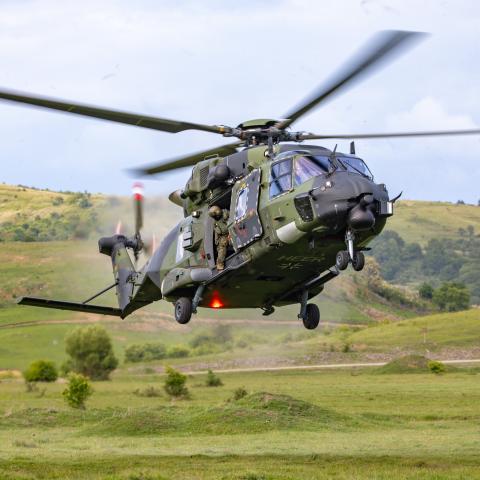 German Soldiers conduct air assault operations from a German NH90 helicopter during the joint Romanian-US military operation, Swift Response 24, Cincu, Romania, May 15, 2024. Swift Response 24 is a dynamic U.S. Army Europe & Africa-led exercise focused on Allied airborne forces’ ability to quickly and effectively respond to crises as an interoperable, multi-national team. (U.S. Army video by Staff Sgt. Ashley Low)