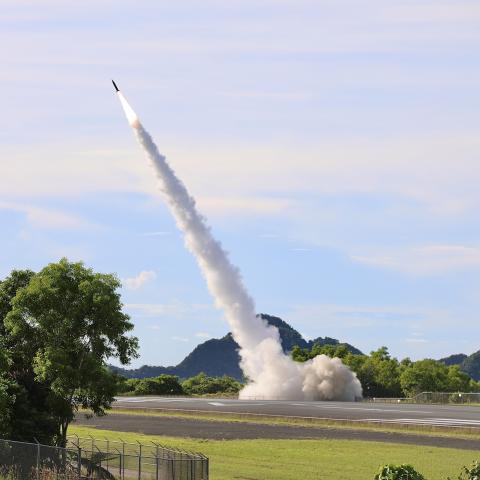 A Tennessee National Guard regiment employs the US Army Autonomous Multi-Domain Launcher (AML) and the Precision Strike Missile (PrSM) on June 16, 2024, in Palau. (US Army)