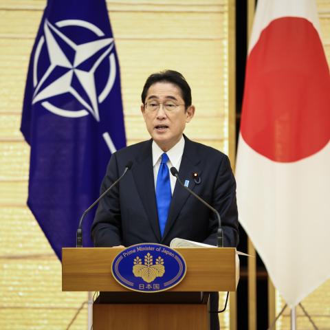 Japanese Prime Minister Fumio Kishida during the NATO summit in Vilnius, Lithuania, on July 12, 2023. (Photo by Beata Zawrzel/NurPhoto via Getty Images)