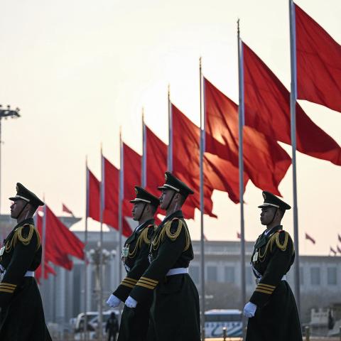 Chinese People's Liberation Army soldiers patrol at Tiananmen Square ahead of the second plenary session of the Chinese People's Political Consultative Conference (CPPCC) in Beijing on March 7, 2024. (Photo by Jade Gao / AFP) (Photo by JADE GAO/AFP via Getty Images)