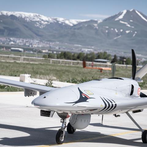 A view of Bayraktar TB2 Unmanned Combat Aerial Vehicle as the 44 terrorists have been neutralized in operations carried out so far with the help of unmanned aerial vehicle (UAV) and armed unmanned aerial vehicle (UCAV) fleet established in 2020 under the General Directorate of Security Aviation Department in Erzurum, Turkiye on May 20, 2024. (Photo by Hilmi Tunahan Karakaya/Anadolu via Getty Images)