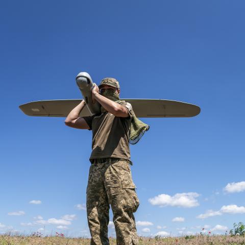 Ukrainian Army soldiers prepare a military intelligence drone for flight in the direction of Chasiv Yar, Ukraine, on June 10, 2024. (Photo by Jose Colon/Anadolu via Getty Images)