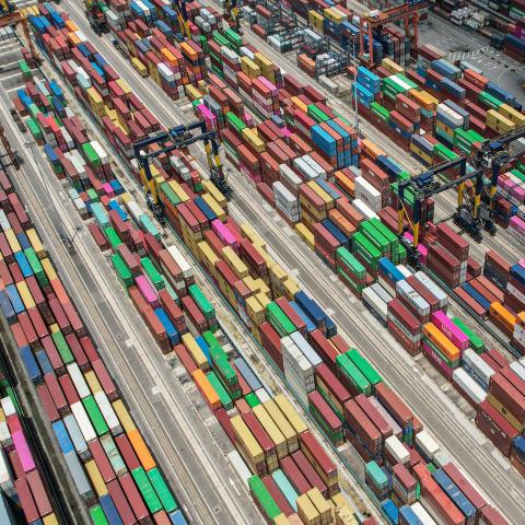 An aerial view shows cargo containers stacked at Yantian port in Shenzhen, China, on June 12, 2024. (Photo by Jade Gao/AFP via Getty Images)