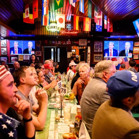 Patrons attend a watch party for the first presidential debate of the 2024 presidential elections in San Francisco, California, on June 27, 2024. (Josh Edelson/AFP via Getty Images)