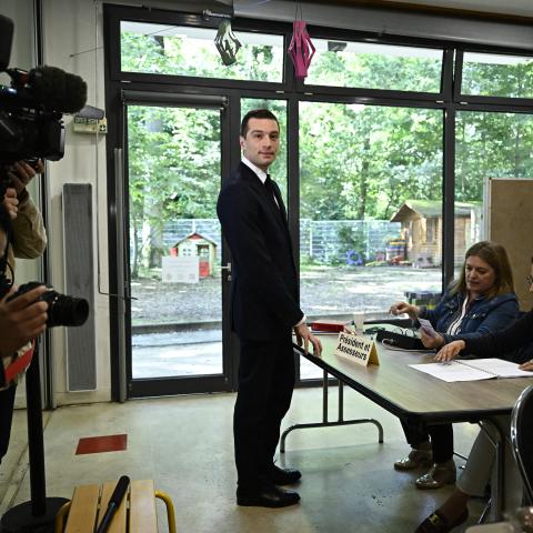 French far-right Rassemblement National President Jordan Bardella votes during the first round of parliamentary elections in Garches, Paris, on June 30, 2024. (Julien De Rosa/AFP via Getty Images)