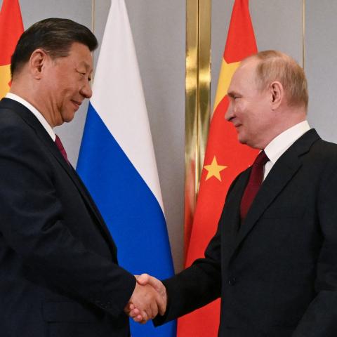 Russian President Vladimir Putin meets with Chinese President Xi Jinping on the sidelines of the Shanghai Cooperation Organisation (SCO) member states leaders' summit in Astana, Kazakhstan, on July 3, 2024. (Photo by Sergei Guneyev/POOL/AFP via Getty Images)