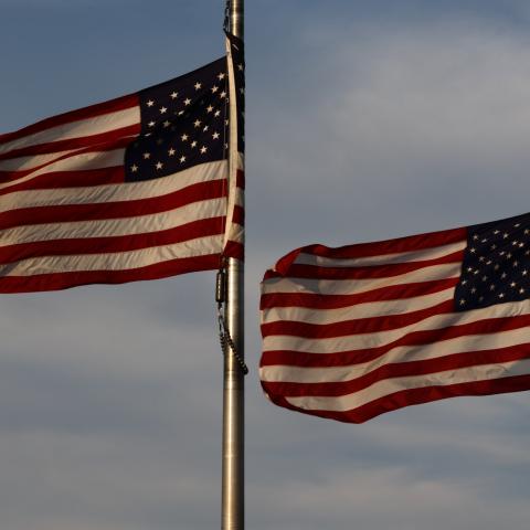 American flags are seen at the Washington Monument in Washington DC, United States on July 9, 2024. (Photo by Jakub Porzycki/NurPhoto via Getty Images)
