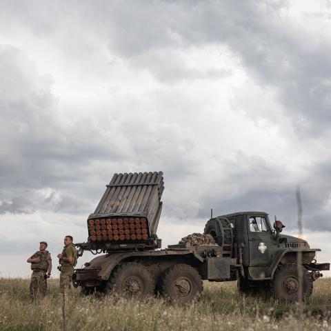 Ukrainian soldiers prepare the BM-21 artillery vehicle in its fighting position in Donetsk Oblast, Ukraine on July 23, 2024. (Photo by Diego Herrera Carcedo/Anadolu via Getty Images)