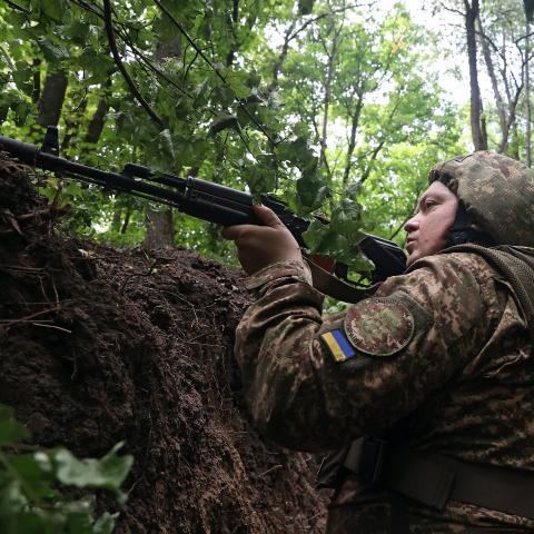 A serviceman of Ukraine's National Guard in a trench during a tactical exercise on July 22, 2024. (Vyacheslav Madiyevskyy/Ukrinform/Future Publishing via Getty Images)