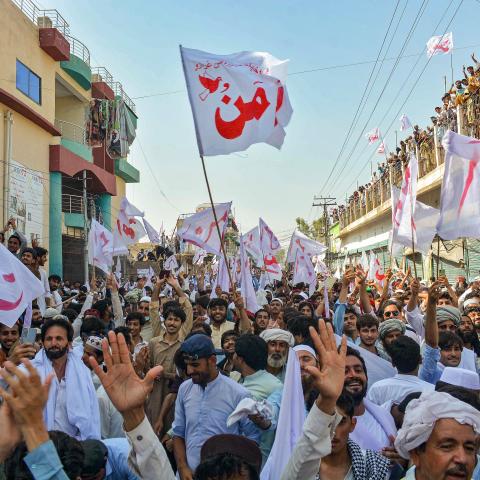 Residents protest the recent suicide attack by militants on an army enclave in Bannu, Pakistan, on July 26, 2024. (Karim Ullah/AFP via Getty Images)