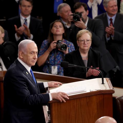 Israeli Prime Minister Benjamin Netanyahu addresses a joint meeting of Congress on July 24, 2024, in Washington, DC. (Justin Sullivan via Getty Images)