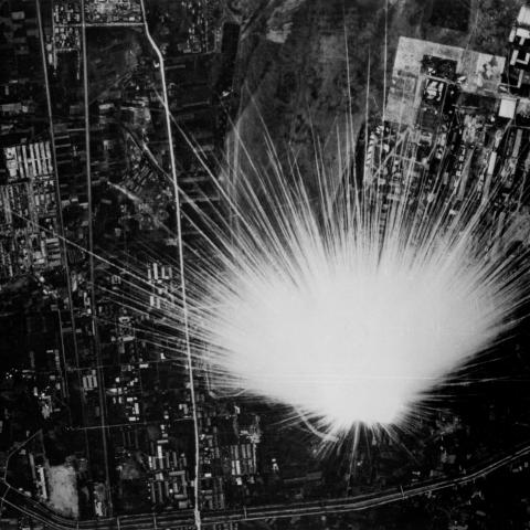A Japanese phosphorus bomb explodes over Kagamigahara, Japan, 1945. (Photo by USAAF/Interim Archives/Getty Images)