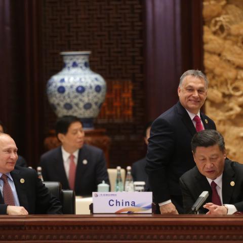 Russian President Vladimir Putin, Hungarian President Viktor Orban, and Chinese President Xi Jinping attend a meeting during the Belt and Road Forum for International Cooperation on May 15, 2017, in Beijing, China. (Mikhail Svetlov via Getty Images)