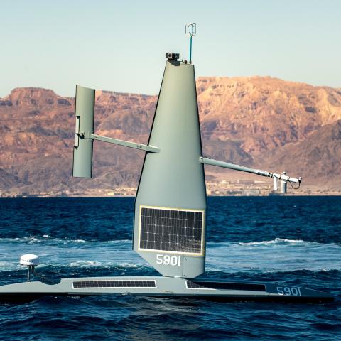 A Saildrone Explorer unmanned surface vessel sails in the Gulf of Aqaba during International Maritime Exercise/Cutlass Express 2022. (DVIDS)