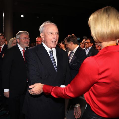 Former Australian Prime Minister Paul Keating is greeted during the Labor Party election campaign launch on May 1, 2022, in Perth, Australia. (Paul Kane via Getty Images)