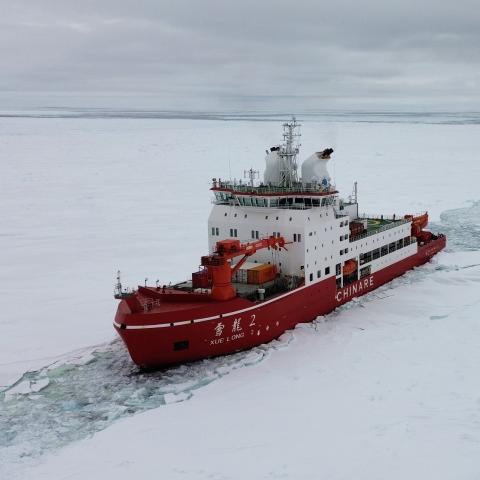 China's research icebreaker Xuelong 2 ploughs through a waterway on December 3, 2023. (Zhu He/Xinhua via Getty Images)