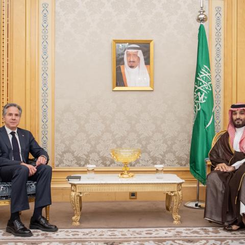 US Secretary of State Antony Blinken meets with Saudi Arabian Crown Prince Mohammed Bin Salman during his visit in Riyadh, Saudi Arabia, on April 29, 2024. (Bandar Al-Jaloud/Saudi Royal Court/Anadolu via Getty Images)