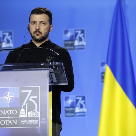 Ukrainian President Volodymyr Zelensky  speaks during a joint press conference at the NATO Summit on July 11, 2024, in Washington, DC. (Kevin Dietsch via Getty Images)