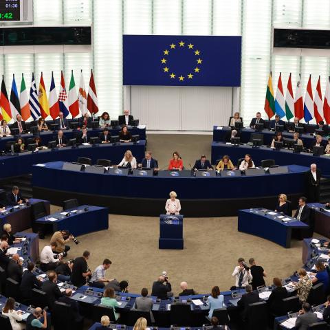 Ursula von der Leyen during the plenary session of the European Parliament on July 18, 2024, in Strasbourg, France. (Johannes Simon via Getty Images)