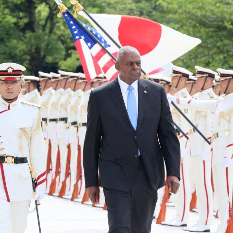 US Secretary of Defense Lloyd Austin prior to a Japan-US-South Korea defense ministers meeting in Tokyo, Japan, on July 28, 2024. (Yoshikazu Tsuno/Gamma-Rapho/Pool/Anadolu via Getty Images)