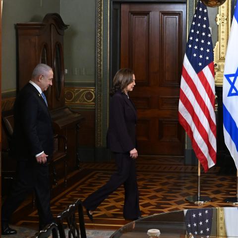 US Vice President Kamala Harris and Israeli Prime Minister Benjamin Netanyahu arrive for a meeting on July 25, 2024, in Washington, DC. (Kenny Holston via Getty Images)