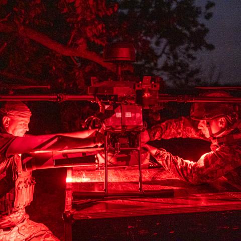 Ukrainian soldiers from the 121nd load a Vampire drone with an antitank mine to strike into Russian positions in Krasnogorivka frontline, Ukraine on July 22, 2024. (Photo by Pablo Miranzo/Anadolu via Getty Images)
