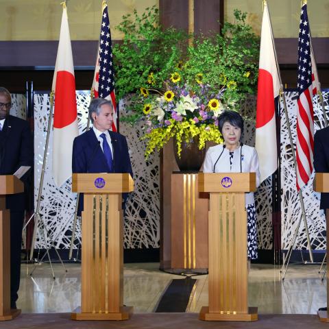 US Secretary of Defense Lloyd Austin, US Secretary of States Antony Blinken, Japanese Foreign  Minister Yoko Kamikawa, and Japanese Defense Minister Minoru Kihara attend a joint press conference  following the US-Japan foreign and defense ministers’ meeting on the sidelines of the Quad meeting at  the Iikura Guest House on July 28, 2024, in Tokyo, Japan. (Getty Images